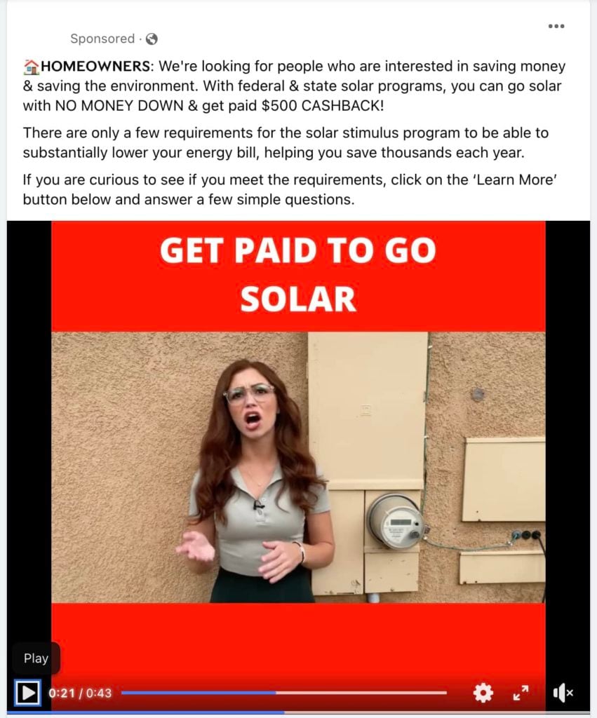 screenshot of a phony Facebook ad for solar panels with 'no money down' and 'cashback'