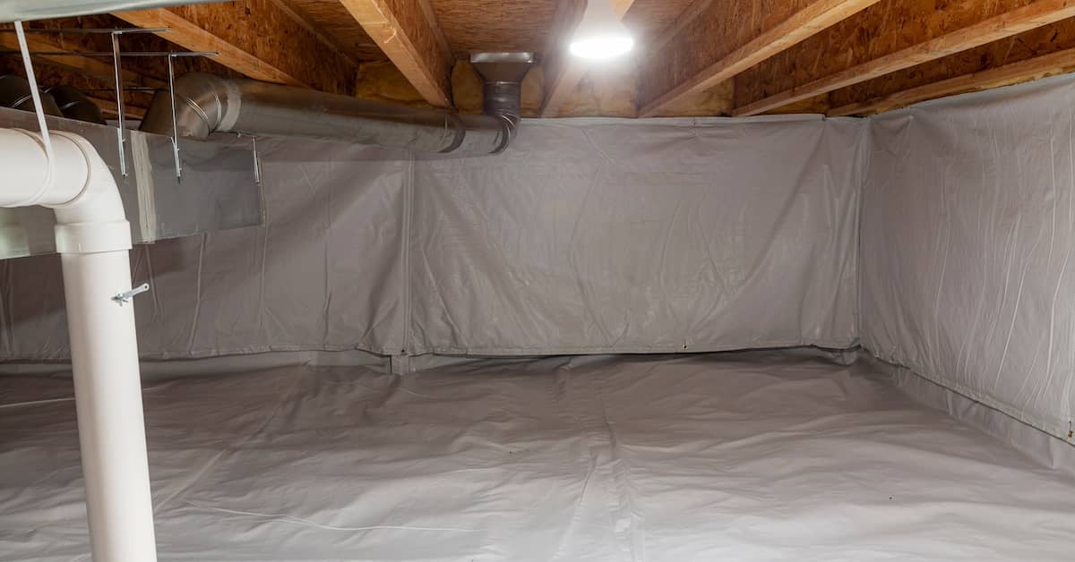 Crawl space fully encapsulated with poly plastic sheeting vapor barrier | REenergizeCO